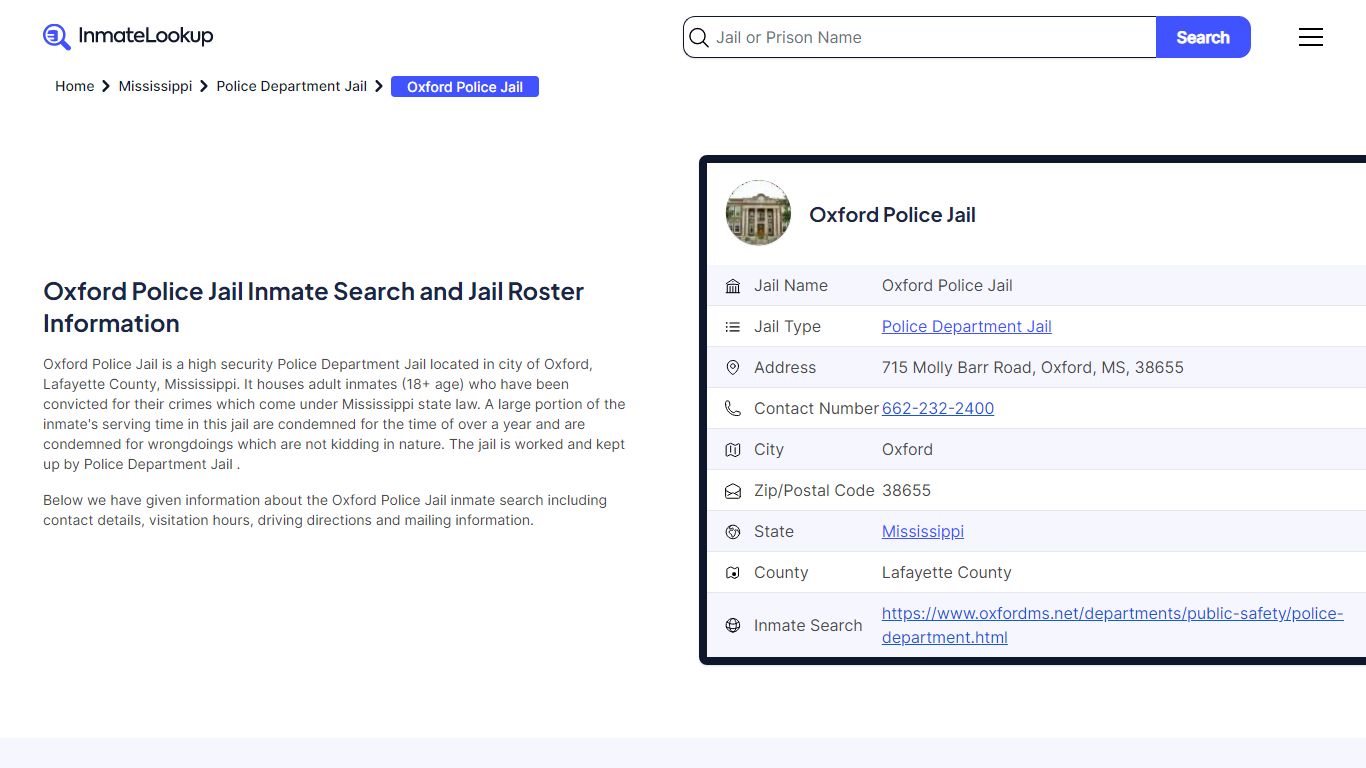 Oxford Police Jail Inmate Search and Jail Roster Information